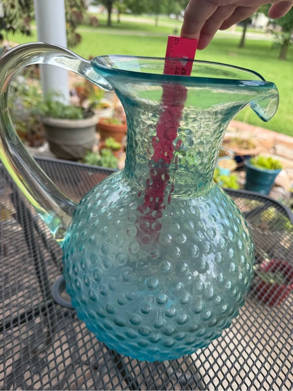 Large Hobnail Blue Turquoise Glass Pitcher 11.5 Inches 1937